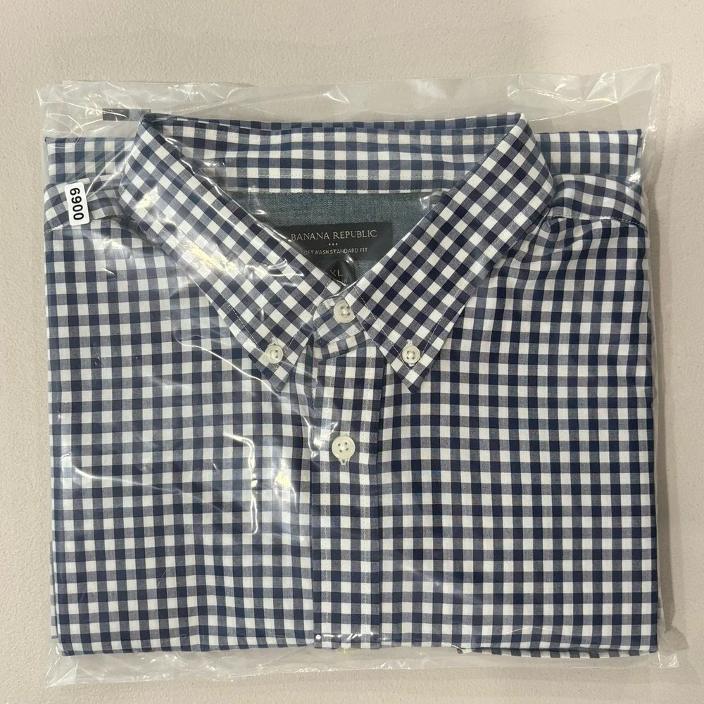 Banana Republic Men XL Navy Gingham Button Down Shirt Soft Wash Standard Fit